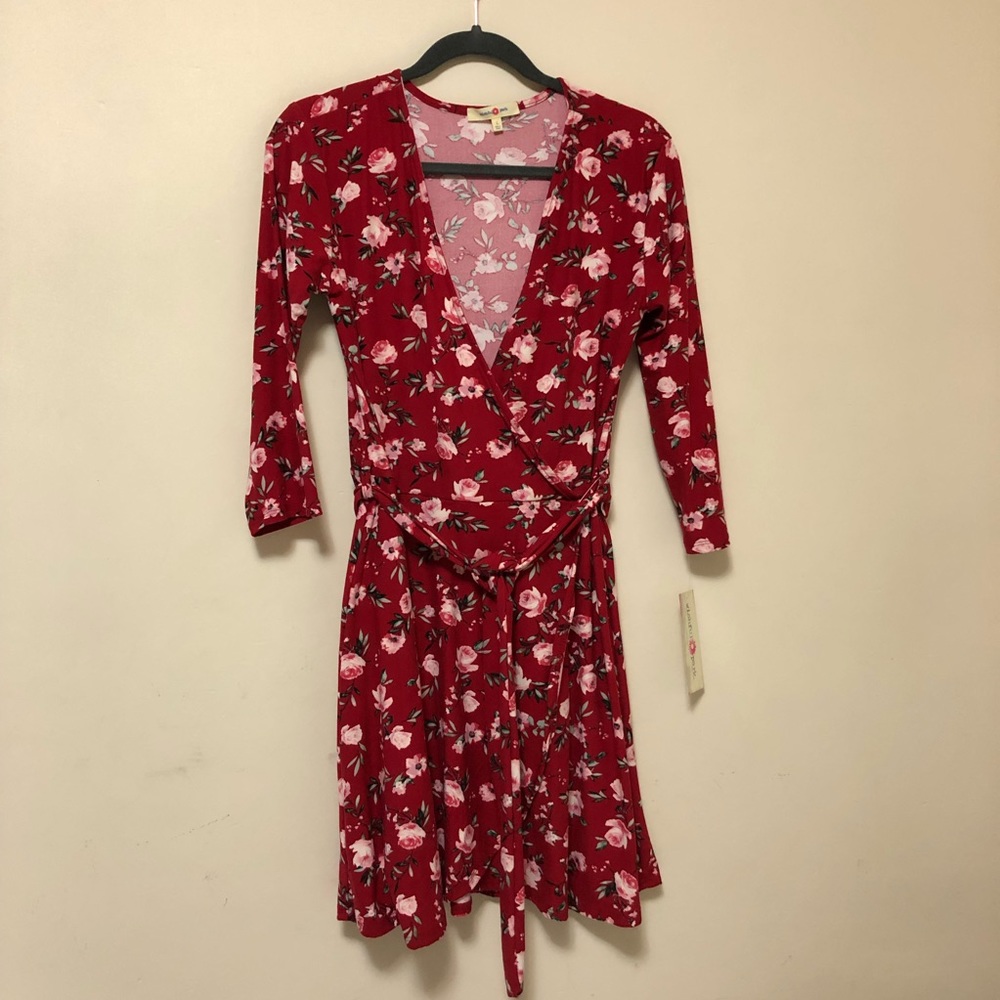 Red floral wrap-style 90’s dress